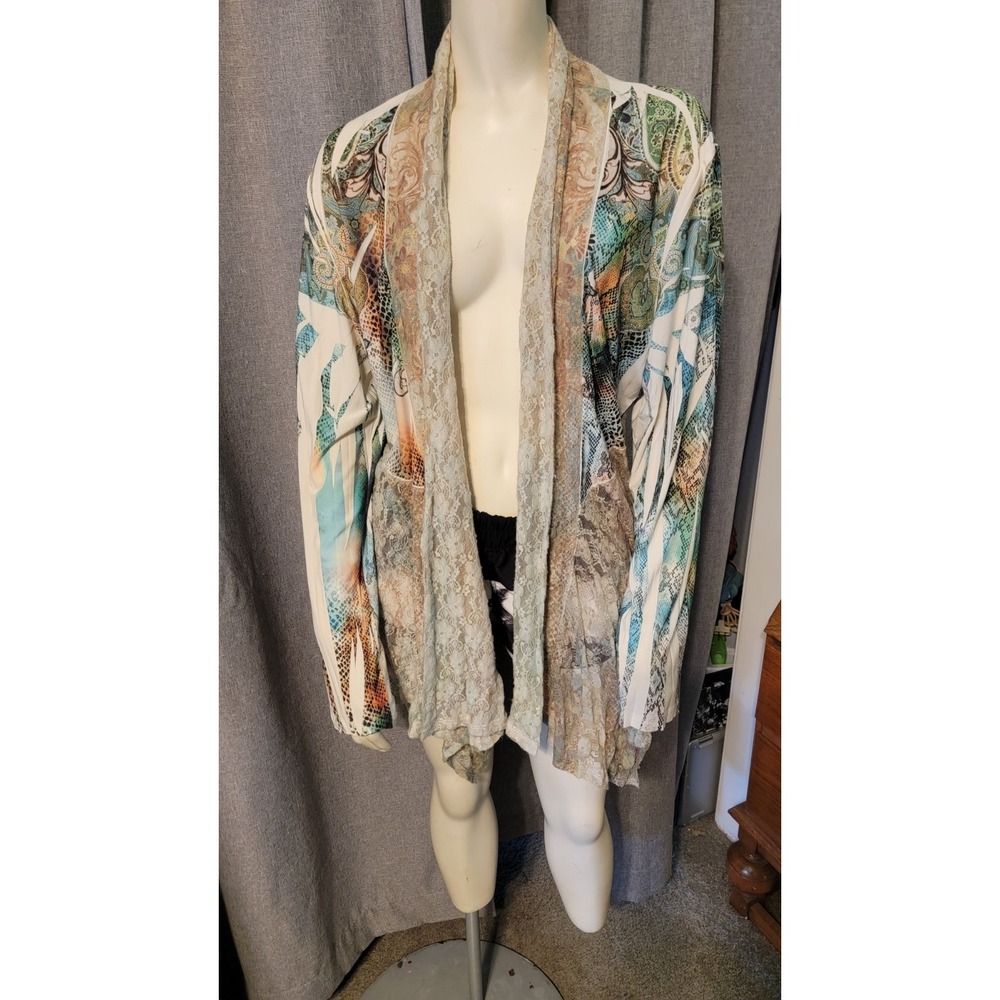 Whimsy Fairy COVER CHARGE Open Waterfall Front Pastel‎ Ombre Lace Cardigan SZ 1X - Picture 10 of 13